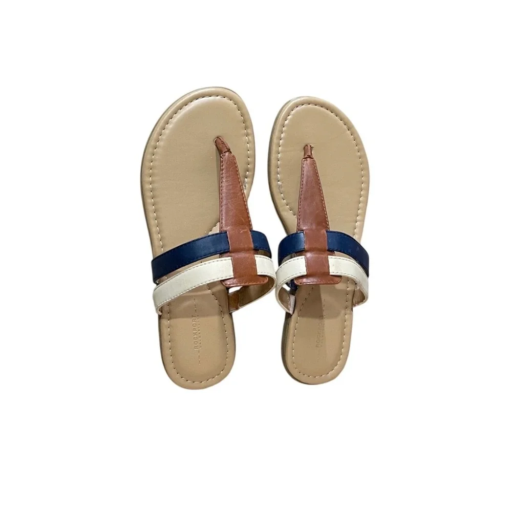 Rockport Walkability Leather Thong Sandals Navy Brown Cream Flat Slides Size 6.5